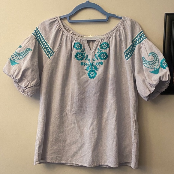 Coverstitched Embroidered Women's Top - Gray with Teal Accents - Picture 3 of 11